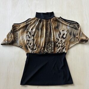 Y2K Say Anything Blouse Womens Medium Leopard Print Mock Neck Cold Shoulder Top